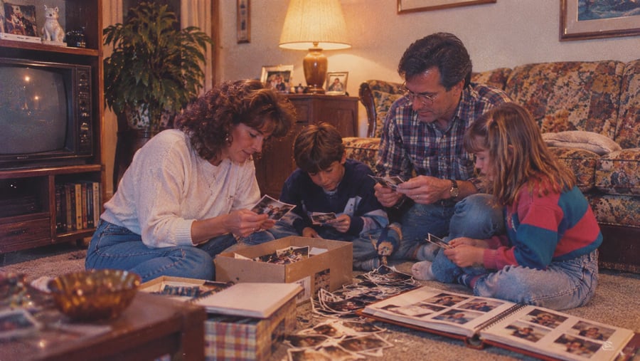 A family sits on the living room floor looking through a box of old photographs together.
