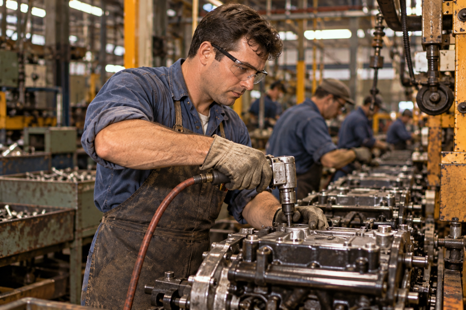 A factory worker in a dirty apron and safety glasses uses a pneumatic tool to work on a large metal engine part on an assembly line.
