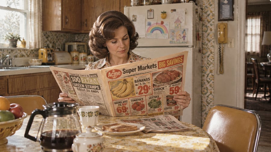 A woman sits at a kitchen table reading an Acme Super Markets grocery circular.