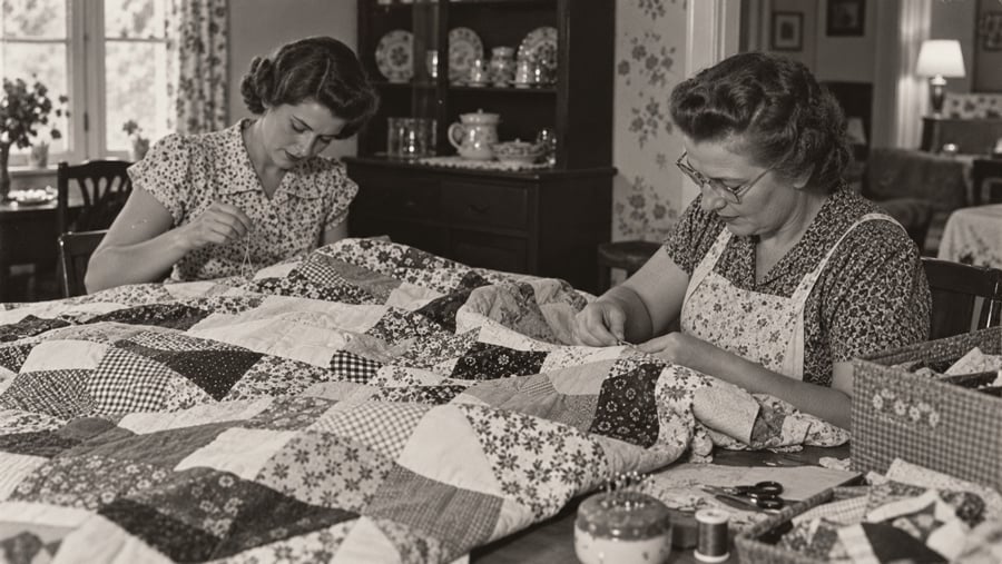 Two women sitting at a table, hand-sewing a patchwork quilt.
