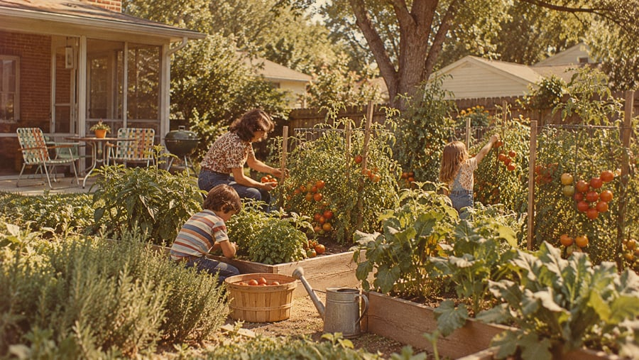 A woman and two children harvest tomatoes in a backyard garden.