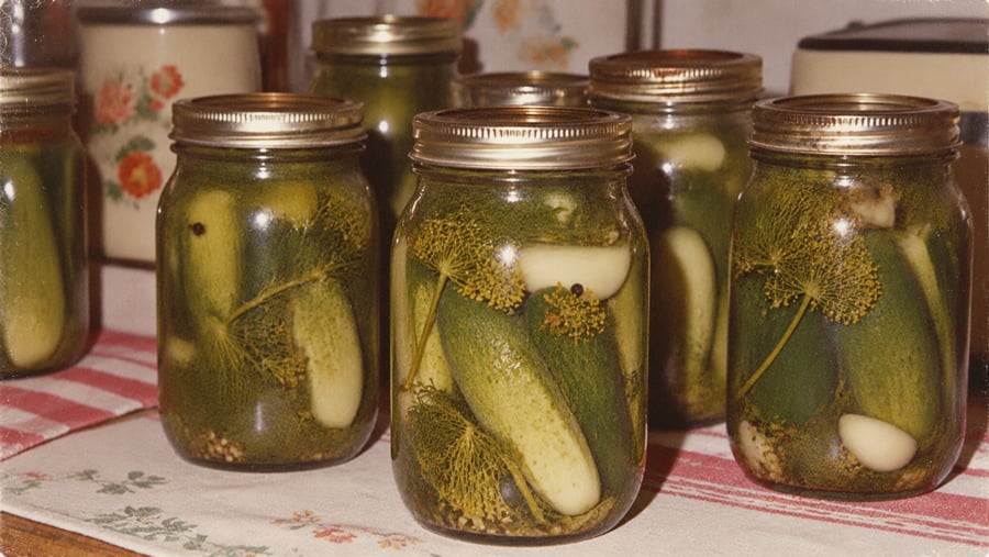 Several glass jars filled with pickles, dill, and garlic cloves sit on a red-striped tablecloth.