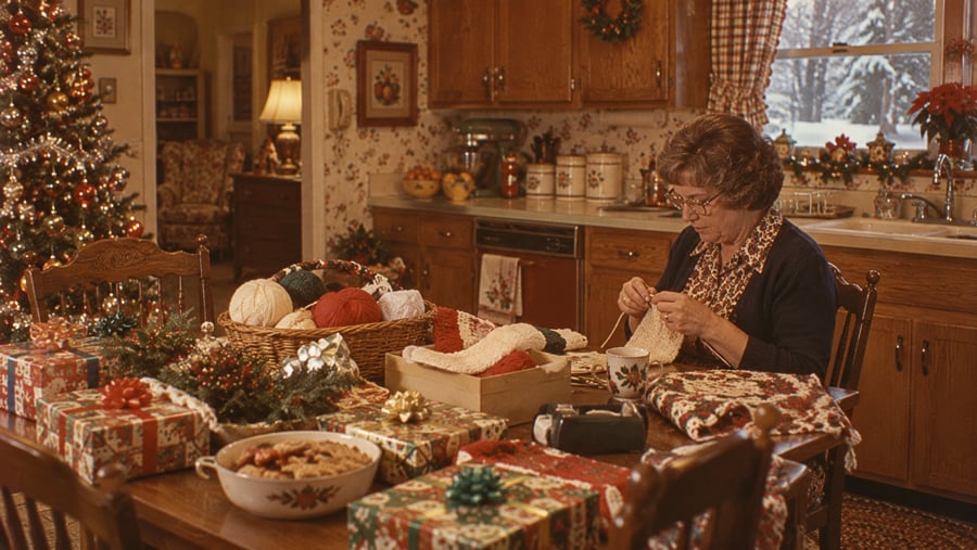 An older woman with glasses sits at a kitchen table knitting, surrounded by wrapped Christmas gifts and a lit tree in a decorated kitchen.