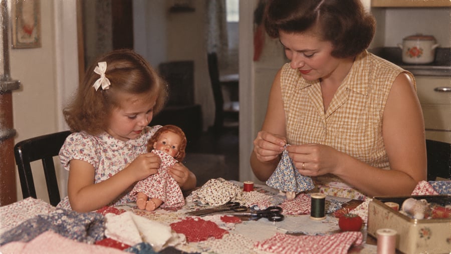 A woman and a young girl sitting at a table sewing clothes for a doll.