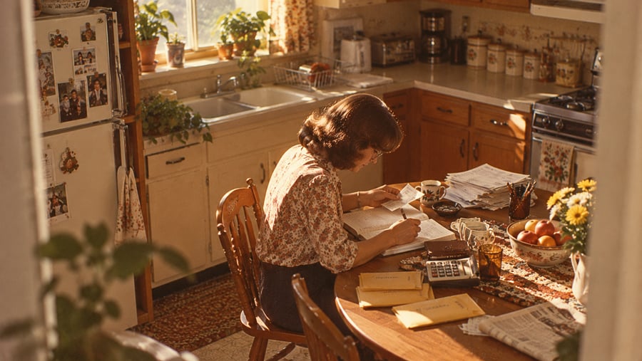 A woman sits at a wooden kitchen table writing in a ledger surrounded by envelopes, a calculator, and a bowl of fruit.