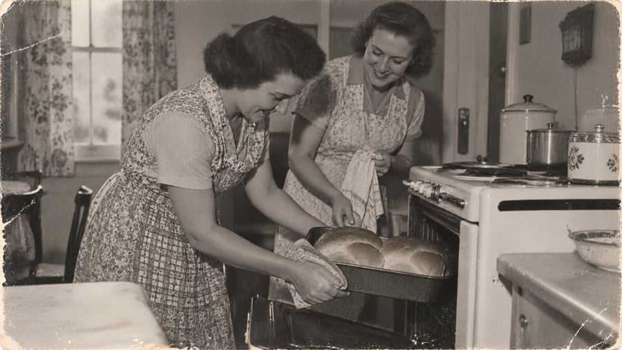Two women in floral aprons smile while taking a pan of baked bread out of an oven.