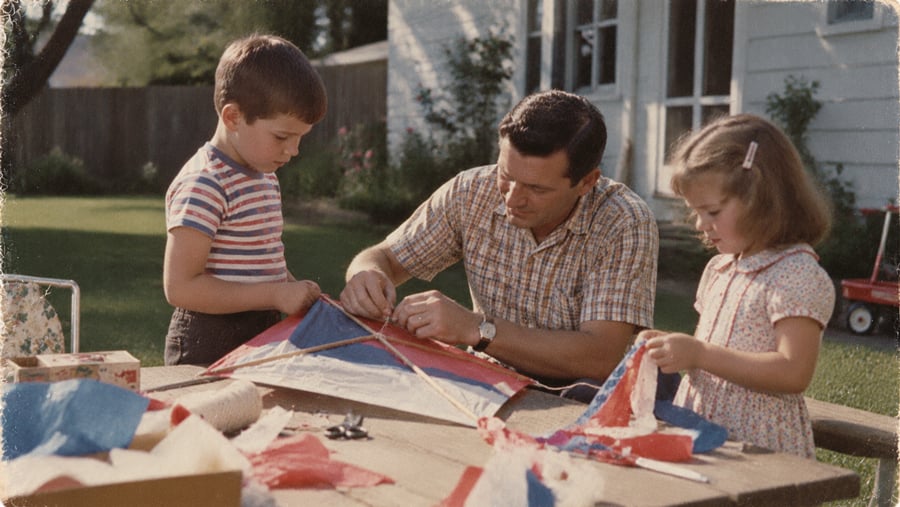 A father and two young children assemble a kite together at an outdoor wooden table.