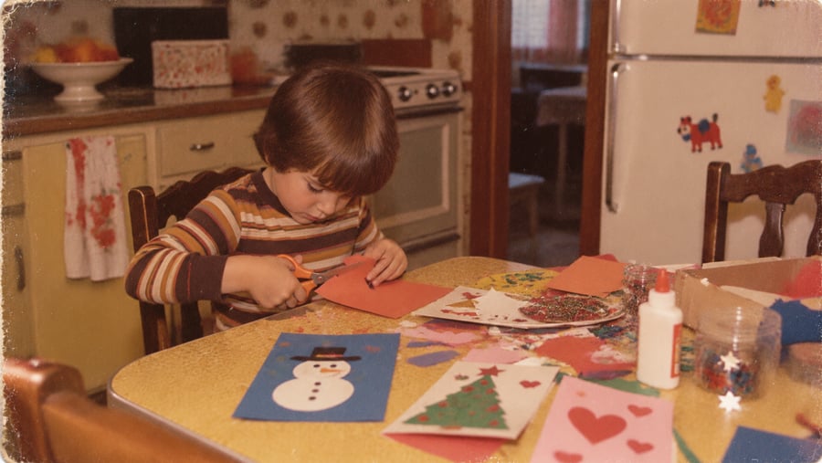 A child in a striped shirt sits at a kitchen table cutting a piece of red paper for a craft project featuring handmade cards.
