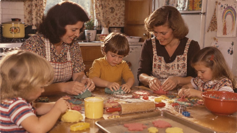 Two women and three children making cutout cookies at a kitchen table.