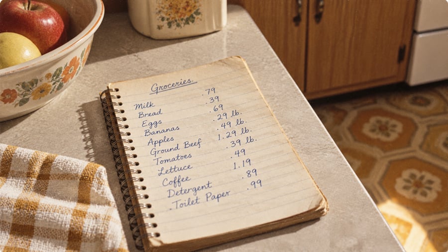 A handwritten grocery list on a spiral-bound notepad sitting on a kitchen counter next to a bowl of fruit.