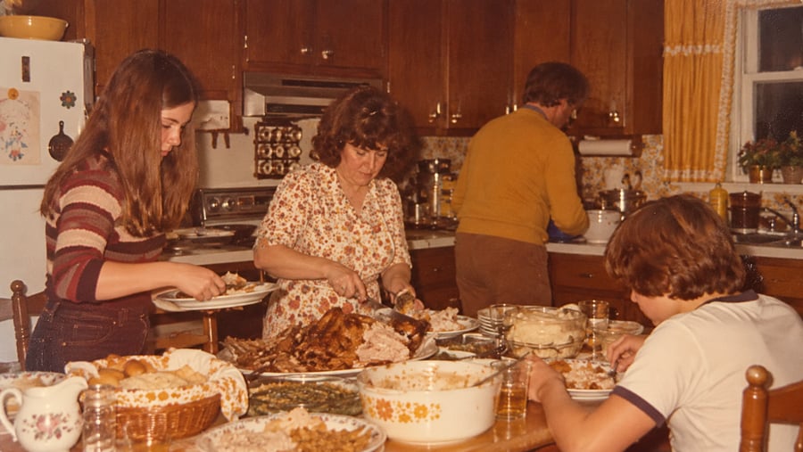 A family preparing and eating a holiday meal in a kitchen.