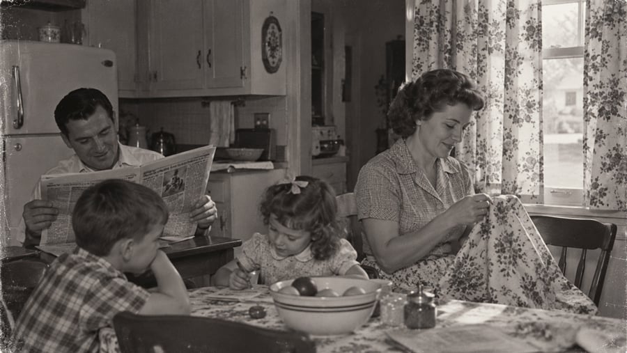 A family of four at a kitchen table: a father reads the newspaper, a mother sews fabric, and two children sit nearby.