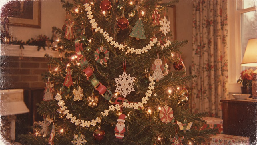 A decorated Christmas tree with popcorn garland and paper ornaments in a vintage-style room.
