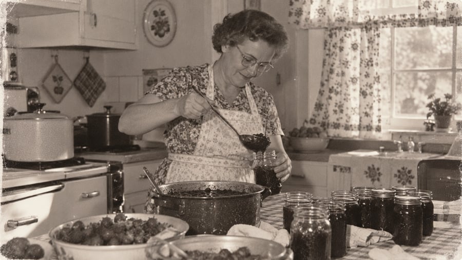 A woman in an apron uses a ladle to fill glass jars with preserves in a kitchen.