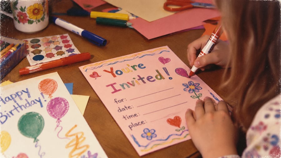 A child fills out a pink “You’re Invited” card with a red marker at a table covered in craft supplies.