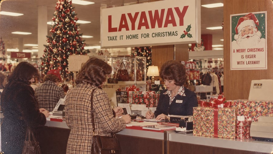A department store service counter with a “Layaway” sign and a clerk assisting customers during the Christmas season.
