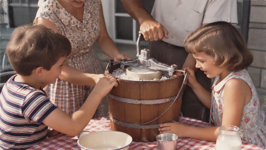 A family working together to operate a vintage wooden ice cream maker at a table.
