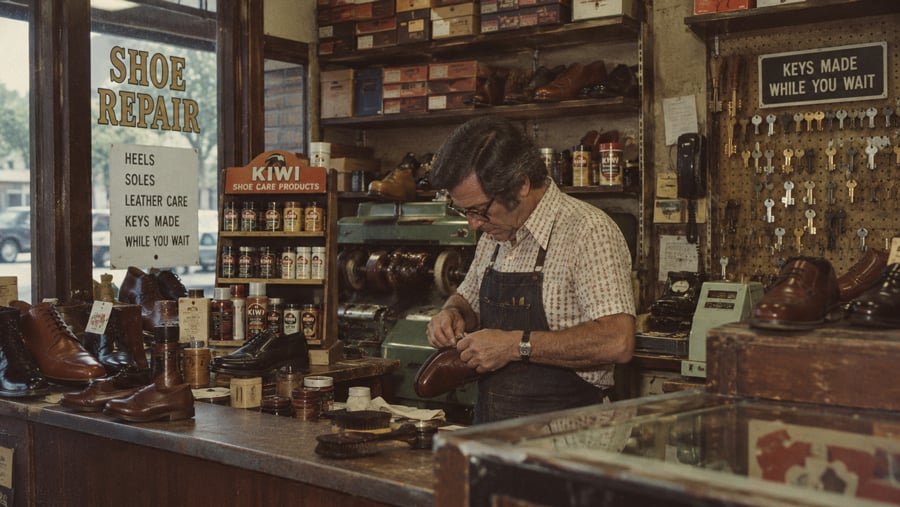 A cobbler wearing a shop apron works on a leather shoe at a counter in a shoe repair shop with shelves of shoe polish and a wall of hanging keys.