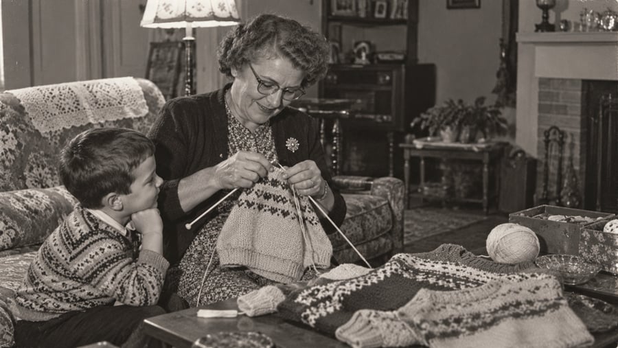 A woman in glasses knits a patterned sweater while a young boy watches her attentively.