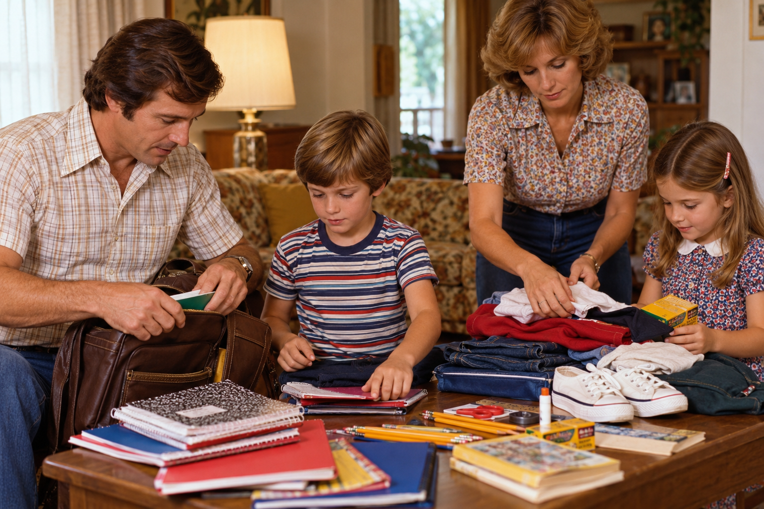 A family packing a brown leather bag and organizing school supplies on a table.