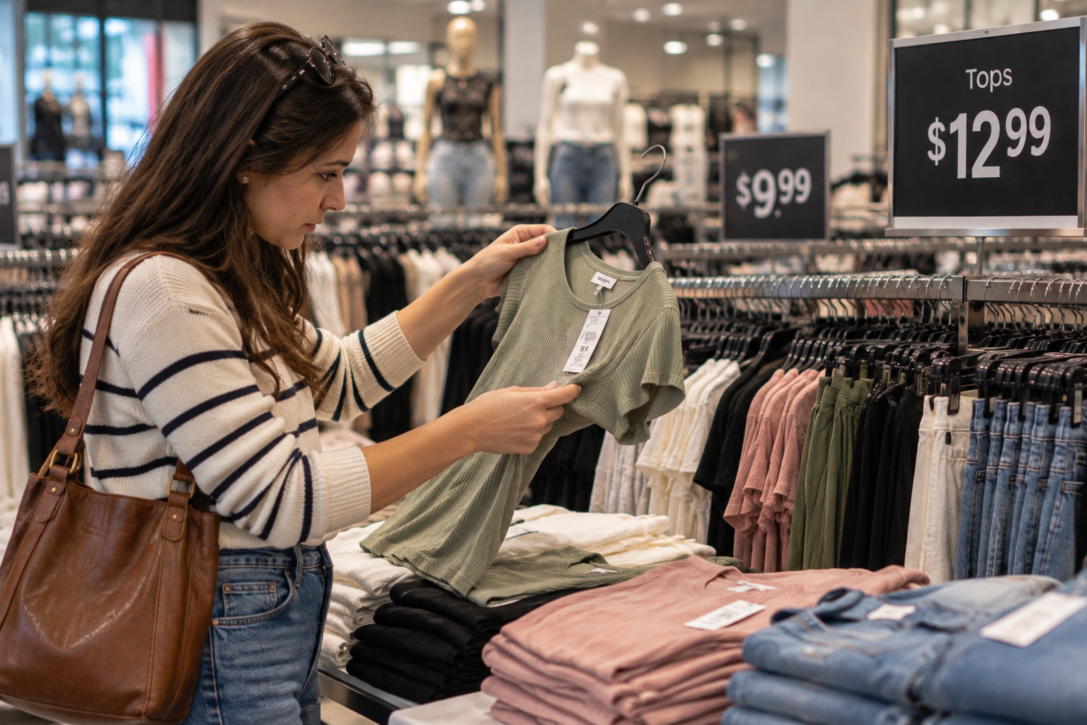 A woman in a striped sweater holds up a green ribbed top in a clothing store, with price signs for tops visible nearby.