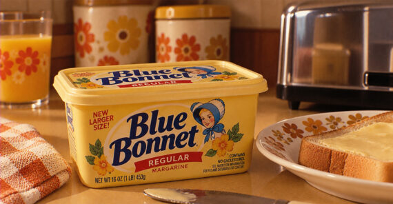 A tub of Blue Bonnet margarine sits on a kitchen counter next to buttered toast, a knife, a glass of orange juice, and flower-patterned canisters.