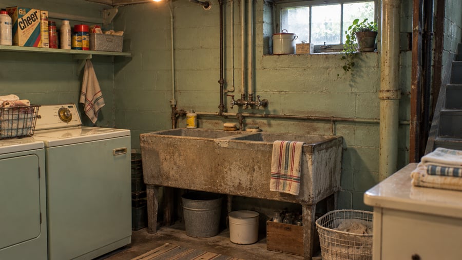A basement laundry room featuring a vintage utility sink, a washing machine, shelves with cleaning supplies, and laundry baskets.