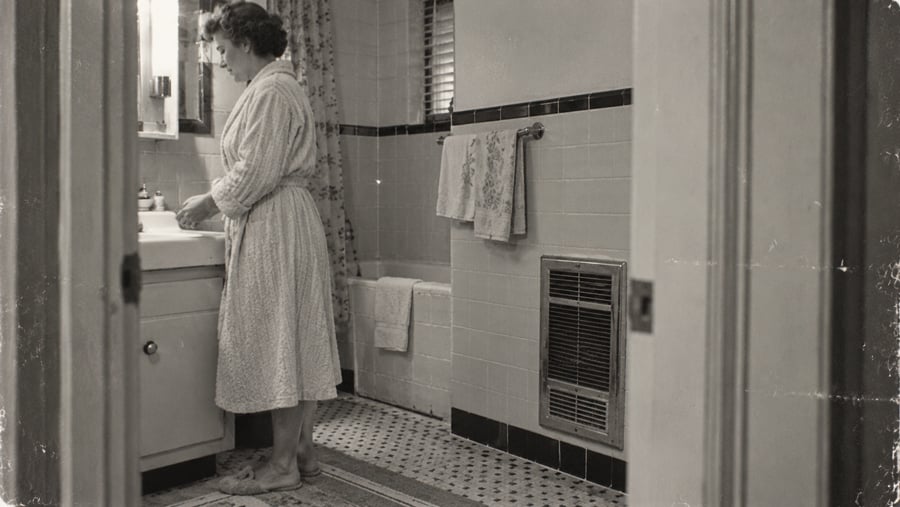 A woman in a robe stands at a bathroom sink.