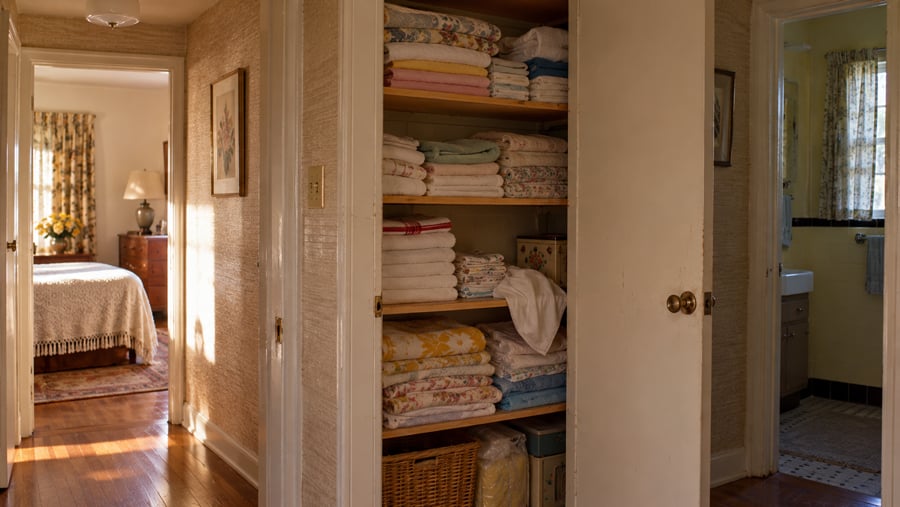An open linen closet filled with stacks of folded towels and blankets, situated in a hallway between a bedroom and a bathroom.