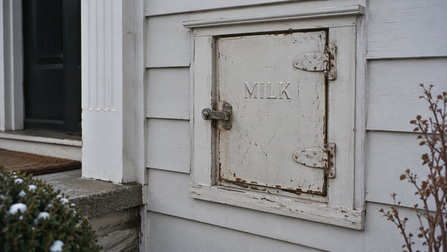 A vintage metal milk delivery box built into the white siding of a house.