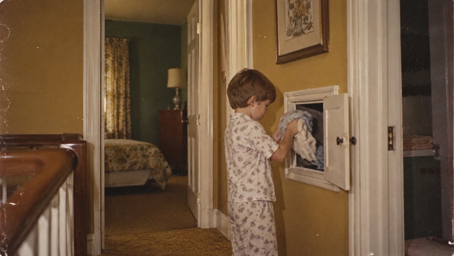A young child in patterned pajamas places laundry into a wall-mounted laundry chute in a hallway.