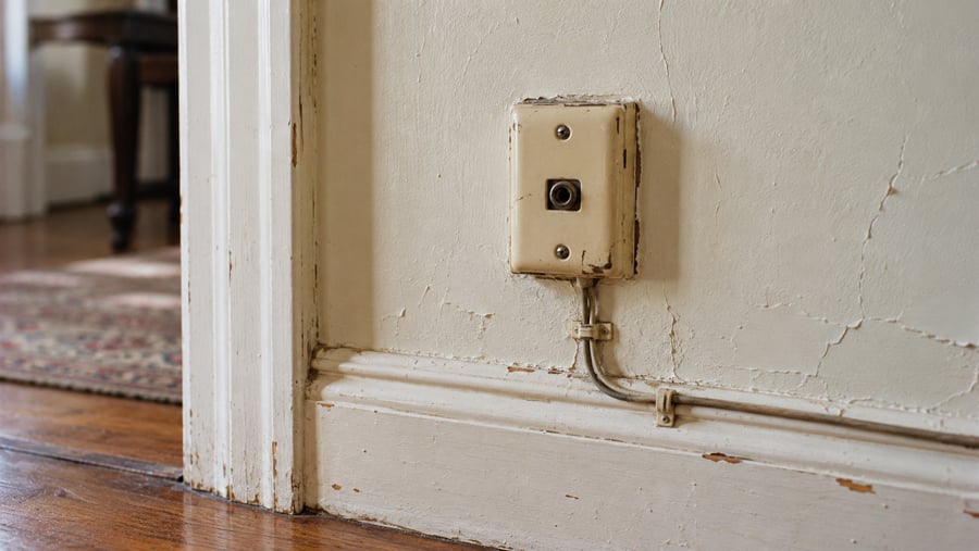 An old, cream-colored wall-mounted telephone jack with a wire running along the baseboard.