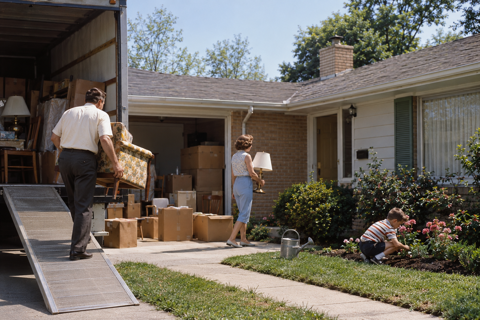 A family moving into a house, with a man carrying an armchair into a moving truck, a woman carrying a lamp, and a boy gardening in the front yard.
