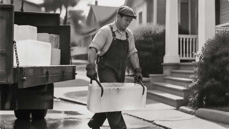 An ice delivery man in a cap and overalls carries a large block of ice using metal tongs from a truck toward a house.