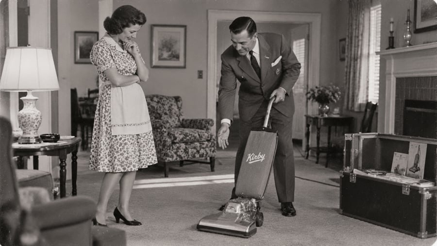 A salesman in a suit demonstrates a Kirby vacuum cleaner to a woman in a floral dress and apron in a living room.