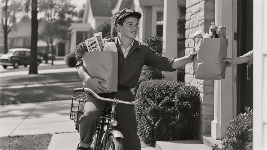 A young boy on a bicycle delivers paper bags of groceries to a house.