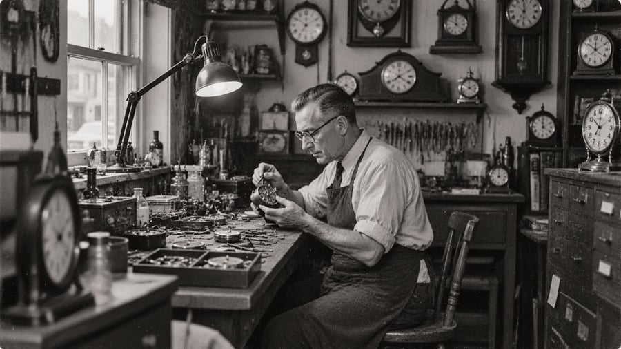 A clockmaker wearing a shop apron works at a workbench filled with tools and parts, surrounded by numerous wall and shelf clocks.