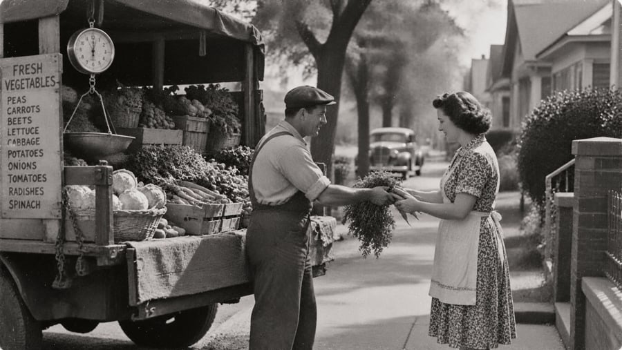 A produce vendor in overalls hands a bunch of carrots to a woman in a floral dress and apron next to a truck filled with vegetables.