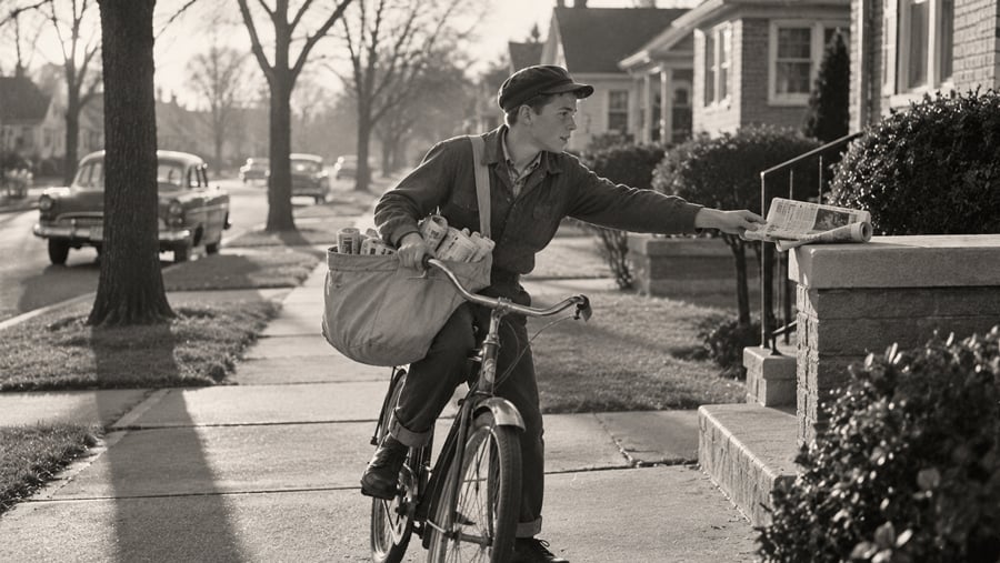 A young paperboy on a bicycle tosses a newspaper onto the front porch of a suburban home.