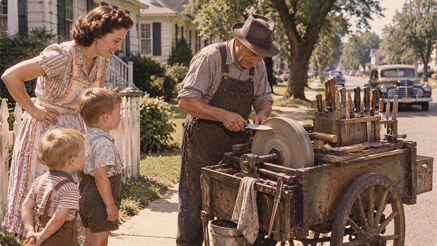 An older man in a fedora and overalls sharpens a knife on a grinding wheel cart while a woman and two young boys watch on a suburban sidewalk.