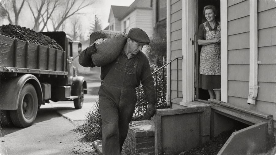 A man in overalls carries a heavy sack of coal toward a basement chute while a woman watches from the doorway of a house.