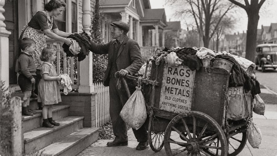 A woman and two children hand clothes to a man pushing a wooden cart labeled “Rags Bones Metals.”