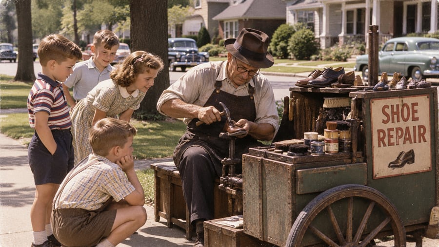 A cobbler in a hat and apron uses a hammer to repair a shoe on a cart labeled “SHOE REPAIR” while four children watch from the sidewalk.