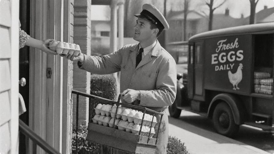 A delivery driver in a uniform hands a carton of eggs to a customer, with a delivery truck labeled “Fresh Eggs Daily” parked in the background.