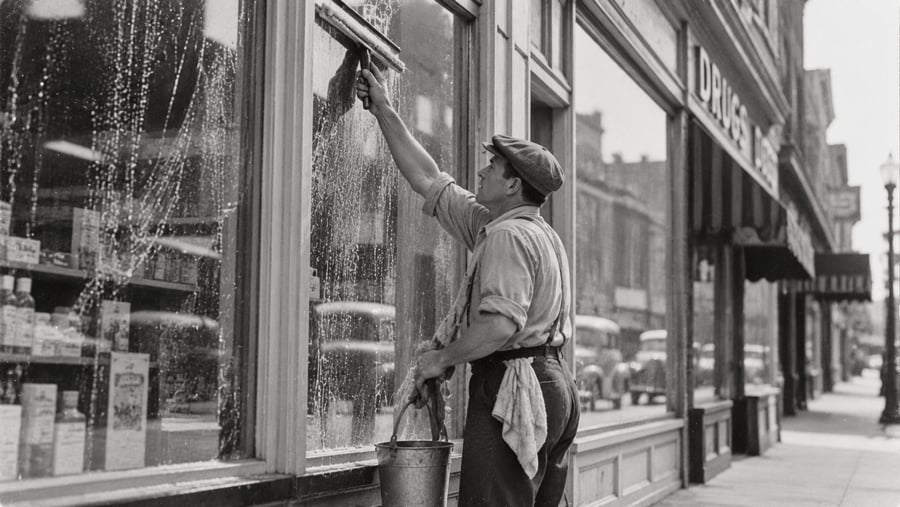 A man in a flat cap and suspenders cleans a large store window with a squeegee and a bucket.