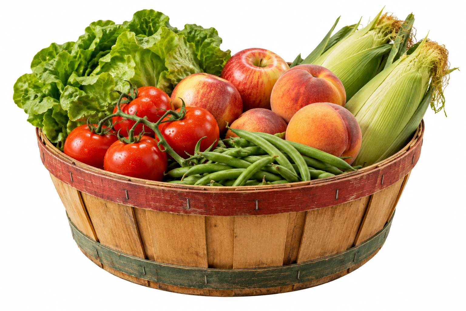 A wooden bushel basket filled with lettuce, tomatoes on the vine, apples, peaches, green beans, and ears of corn.
