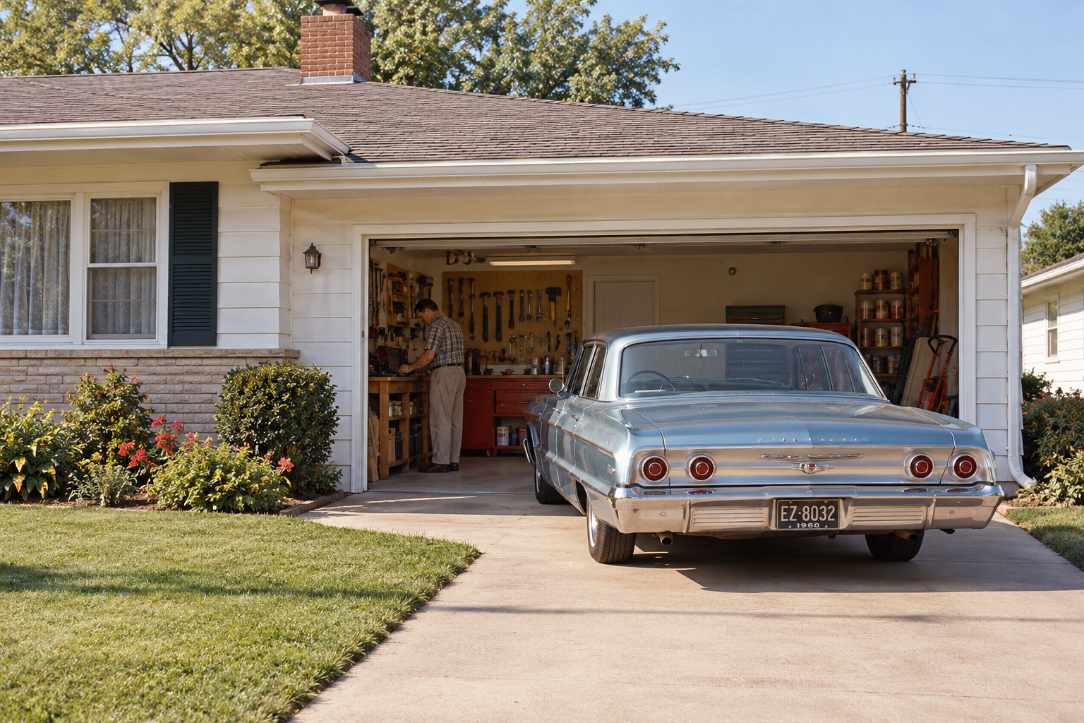 A man works at a workbench in a garage next to a parked 1960s sedan.