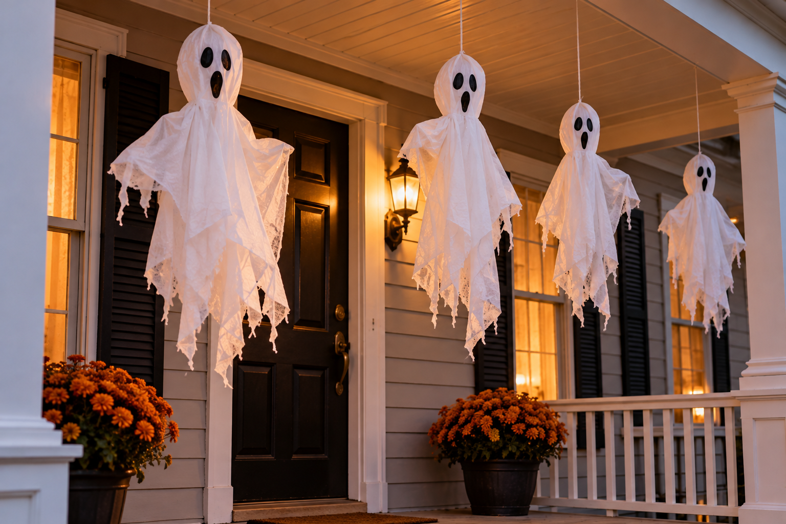 Four white ghost decorations hanging from a porch ceiling, with potted orange mums on the front steps.