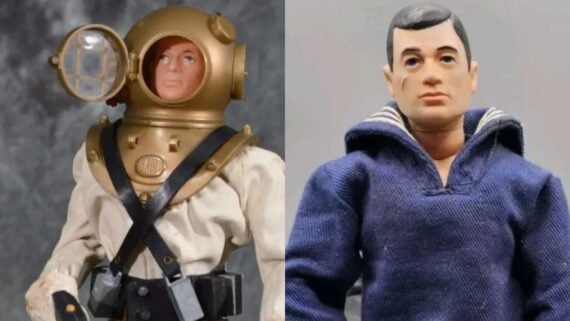 Two G.I. Joe action figures: one wearing a deep-sea diving suit with a helmet and one dressed in a blue sailor uniform.