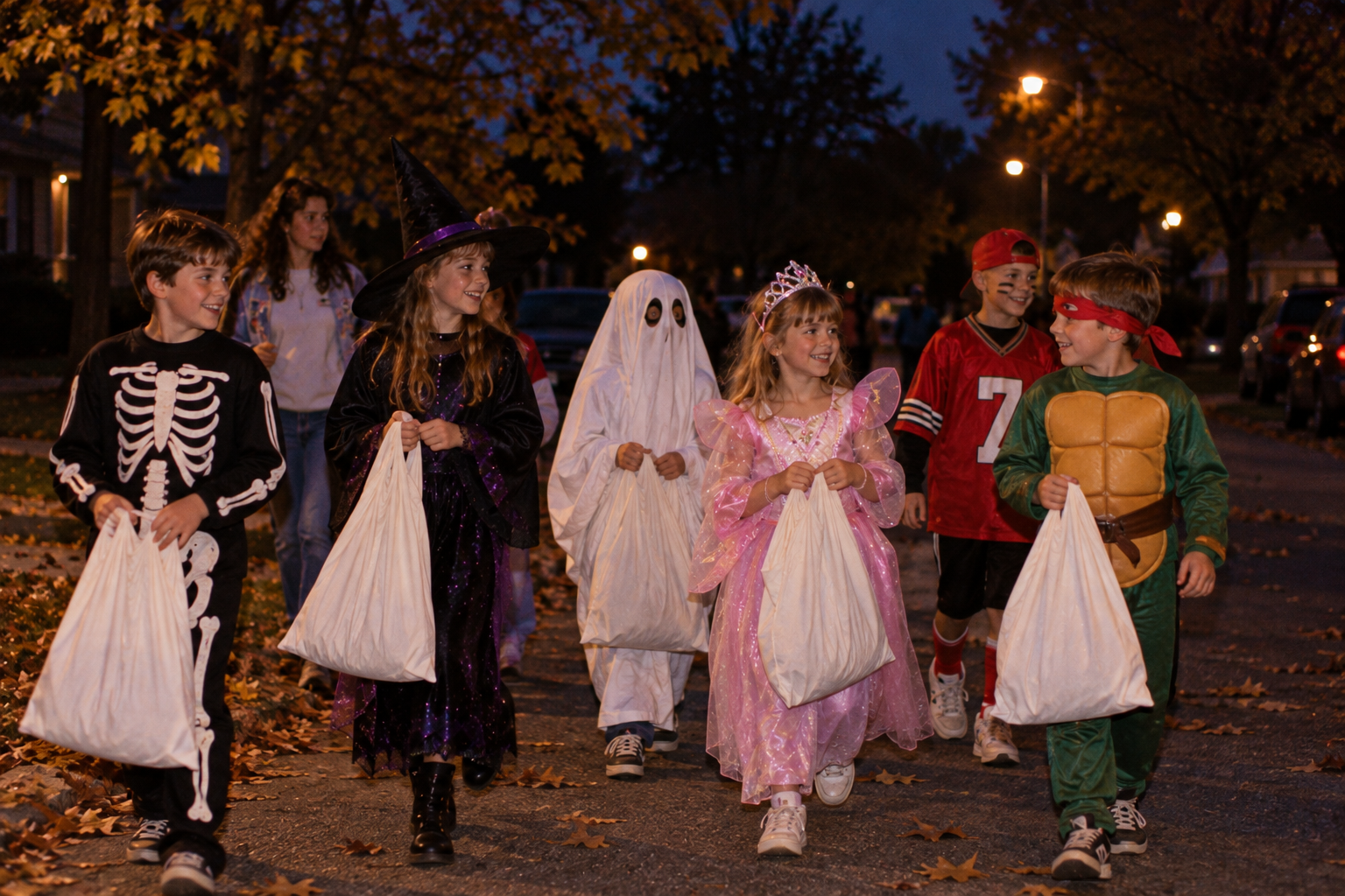 A group of children in various costumes, including a skeleton, witch, ghost, princess, and ninja turtle, walk down a suburban street at dusk carrying treat bags.
